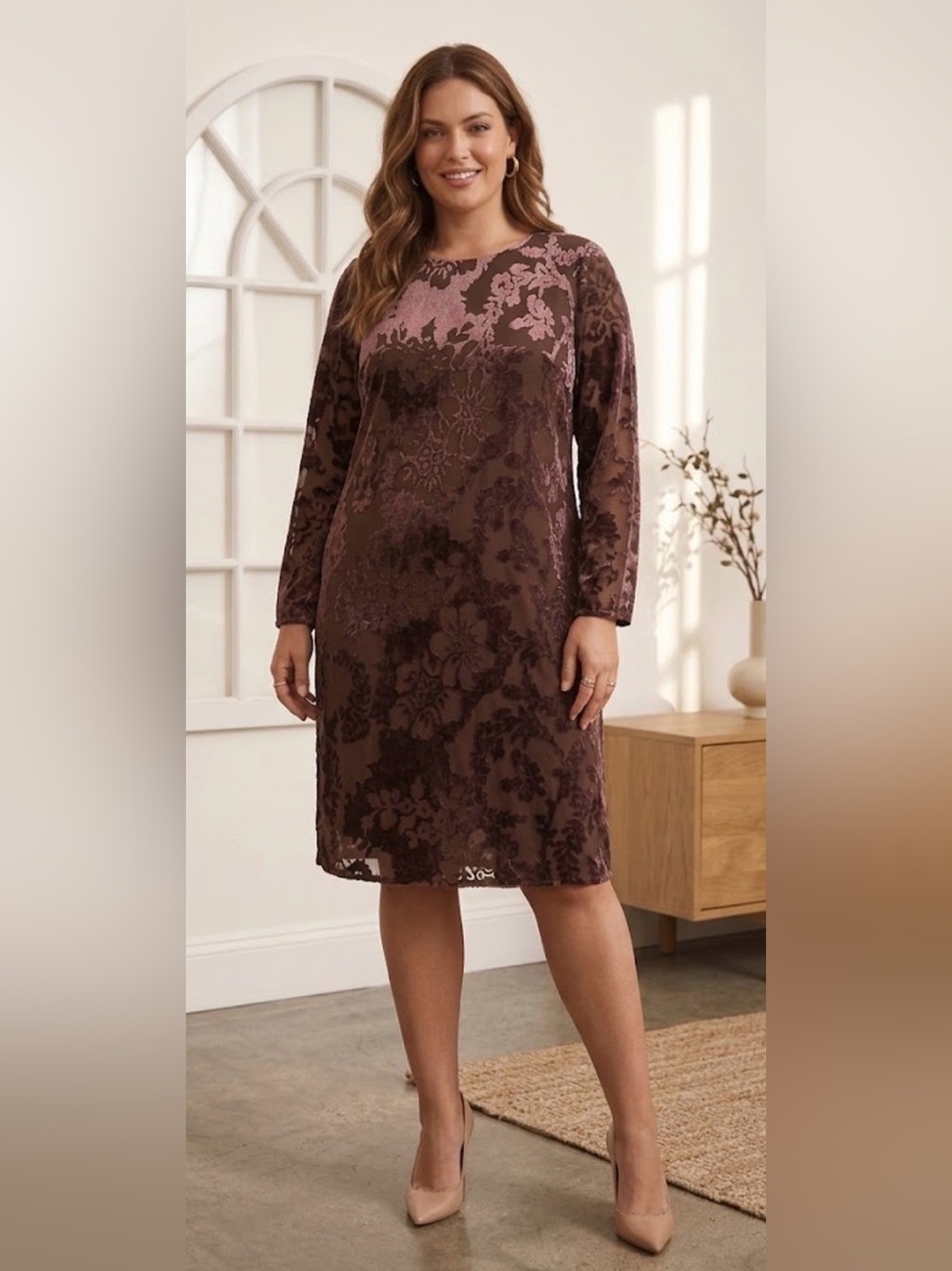 Vintage Adrianna Papell Burnout Velvet Shift Dress Brown Floral Size 16 Bohochic